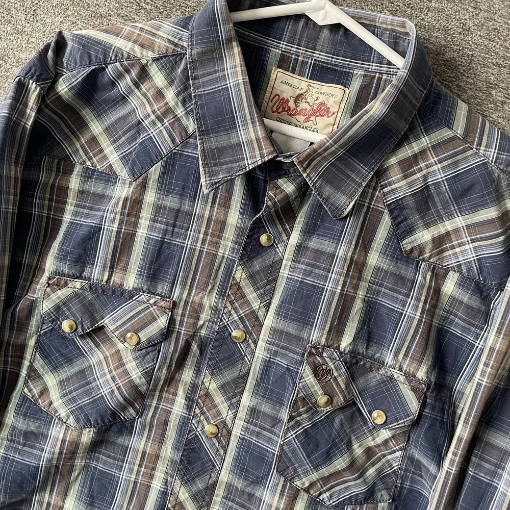 Vtg Wrangler Shirt Mens Medium Blue‎ Plaid Long Sleeve Pearl Snap Western Cowboy